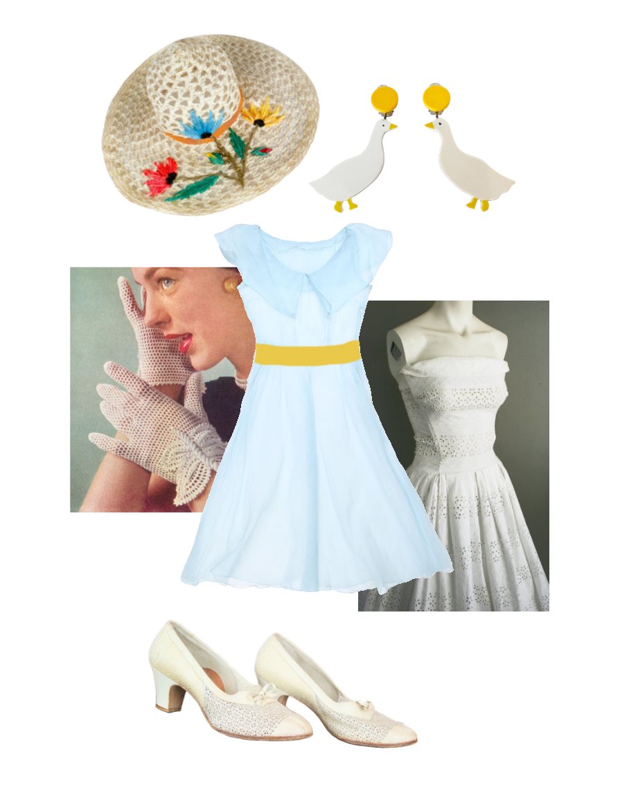 slightly quirky Easter sunday vibes, white openwork dress and shoes and gloves, pale blue sheer overdress, yellow sash, straw hat embroidered with flowers, goose earrings